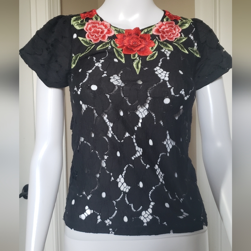 Dolce & Gabbana Black Lace Top with Red Floral Embroidery